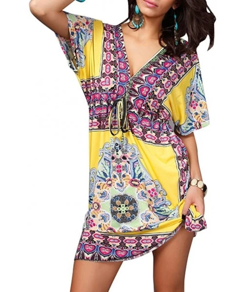 Cover-Ups Women Sexy Floral Bohemian Beach Dress Bikini Cover Up - Yellow - CN12EAPDONB