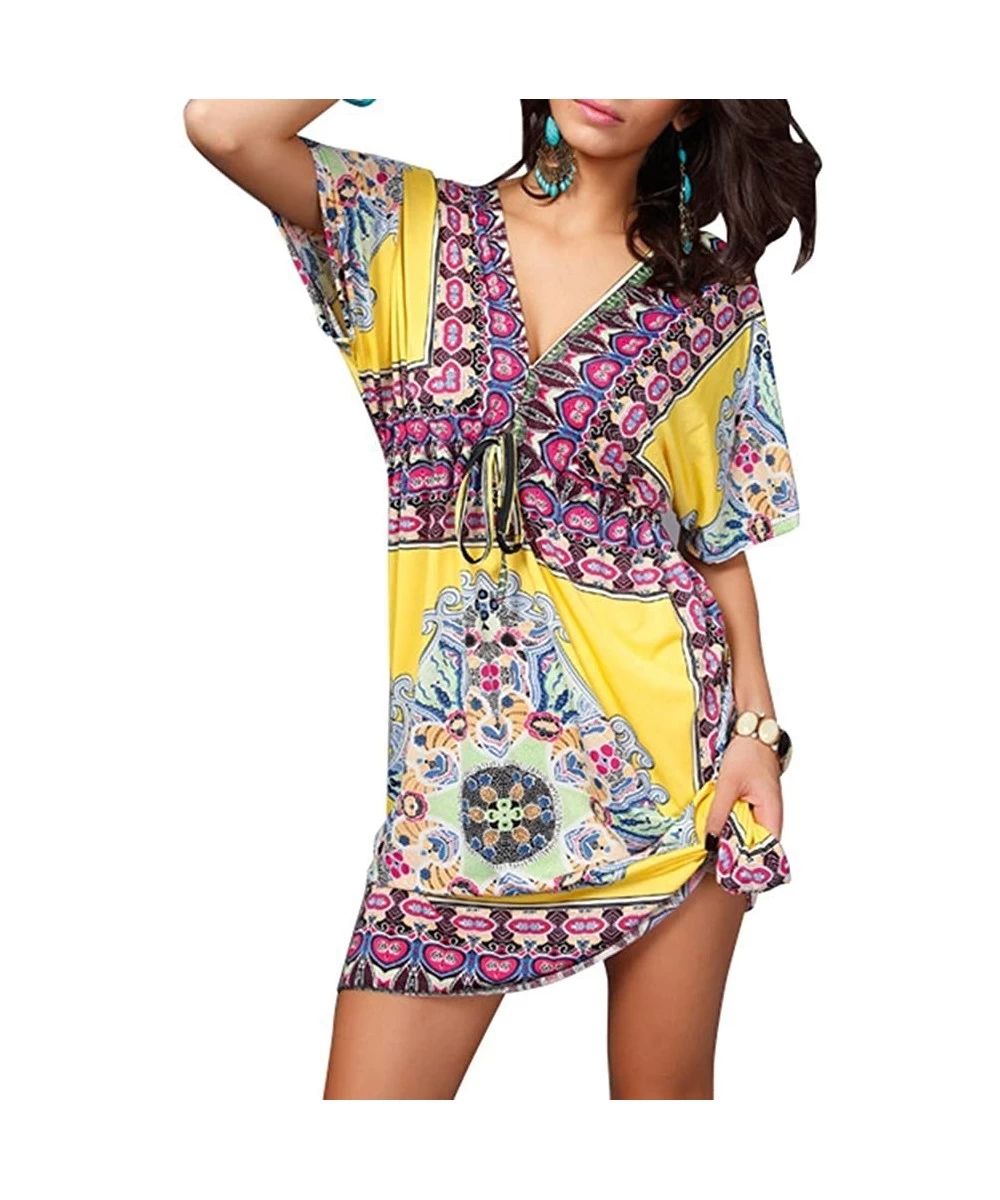 Cover-Ups Women Sexy Floral Bohemian Beach Dress Bikini Cover Up - Yellow - CN12EAPDONB