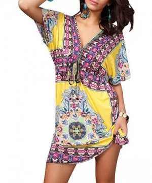 Cover-Ups Women Sexy Floral Bohemian Beach Dress Bikini Cover Up - Yellow - CN12EAPDONB