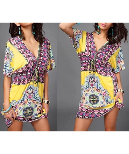 Cover-Ups Women Sexy Floral Bohemian Beach Dress Bikini Cover Up - Yellow - CN12EAPDONB