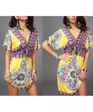 Cover-Ups Women Sexy Floral Bohemian Beach Dress Bikini Cover Up - Yellow - CN12EAPDONB