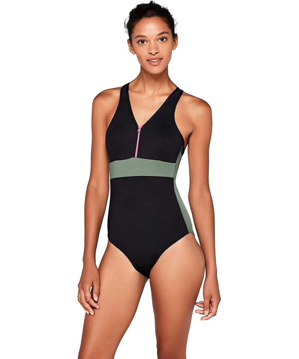 One-Pieces Women's Zip Front Swimming Costume - Black Khaki/Black/Fuchsia - CV18C7UMU8T