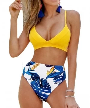 Sets Women's Yellow Blue Leaves Print Lace Up High Waisted Bikini Sets - Multicolored - CG193OXNZ6G