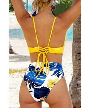 Sets Women's Yellow Blue Leaves Print Lace Up High Waisted Bikini Sets - Multicolored - CG193OXNZ6G