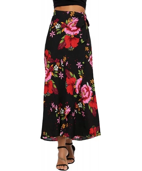 Cover-Ups Women's Boho Floral Tie Up Waist Summer Beach Wrap Cover Up Maxi Skirt - Black&red - CK1967T3E0U