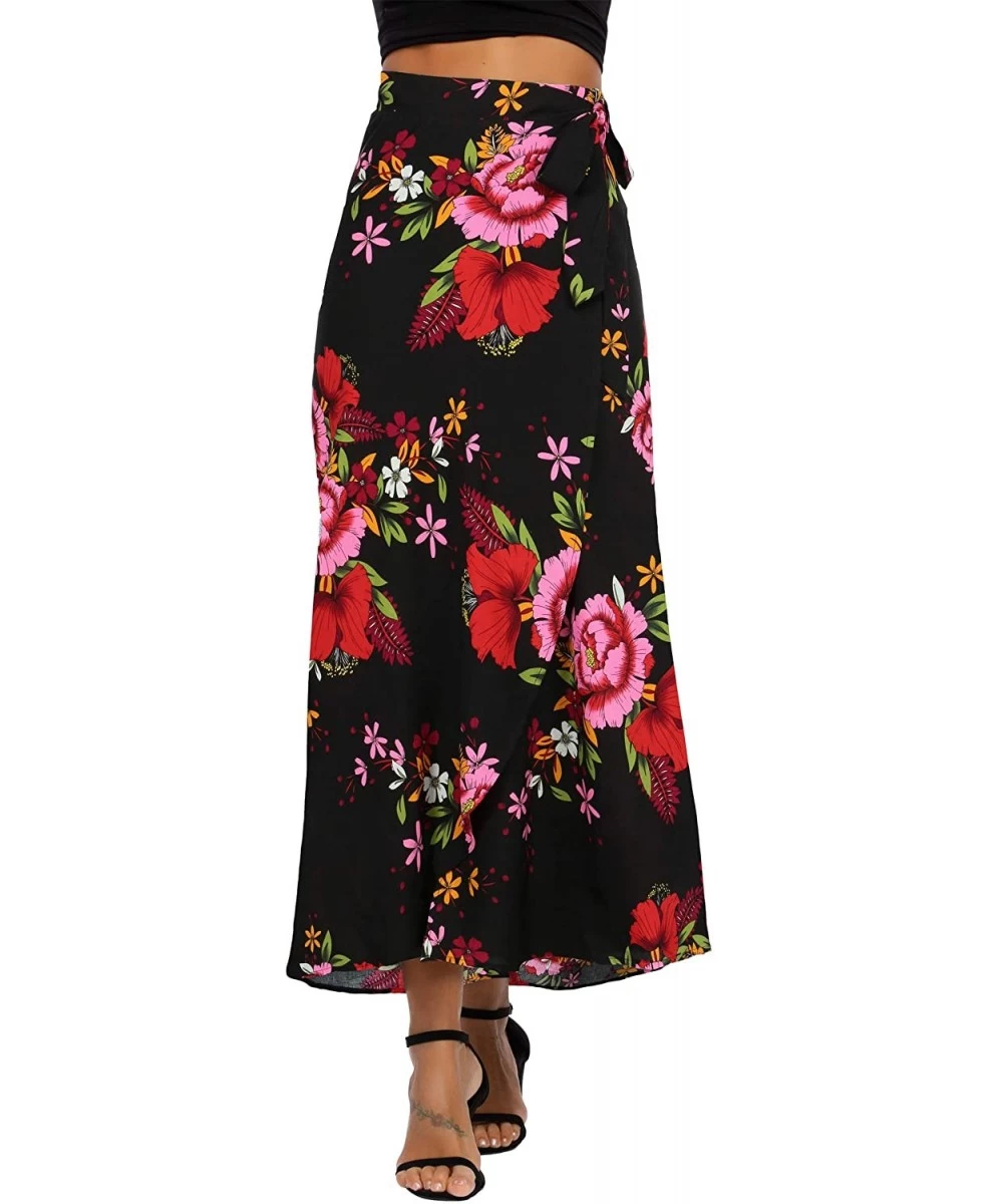 Cover-Ups Women's Boho Floral Tie Up Waist Summer Beach Wrap Cover Up Maxi Skirt - Black&red - CK1967T3E0U