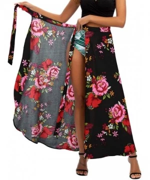 Cover-Ups Women's Boho Floral Tie Up Waist Summer Beach Wrap Cover Up Maxi Skirt - Black&red - CK1967T3E0U