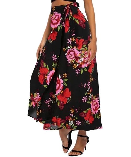 Cover-Ups Women's Boho Floral Tie Up Waist Summer Beach Wrap Cover Up Maxi Skirt - Black&red - CK1967T3E0U