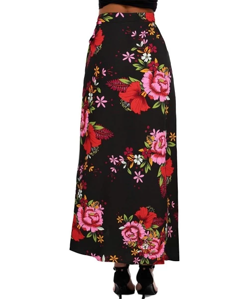 Cover-Ups Women's Boho Floral Tie Up Waist Summer Beach Wrap Cover Up Maxi Skirt - Black&red - CK1967T3E0U