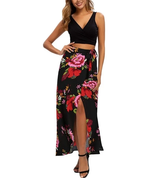 Cover-Ups Women's Boho Floral Tie Up Waist Summer Beach Wrap Cover Up Maxi Skirt - Black&red - CK1967T3E0U