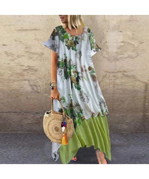 Sets Women Plus Size Bohemian O-Neck Floral Print Vintage Sleeveless Long Maxi Dress - B-green - CL18W7XGX5O