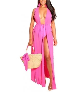 Cover-Ups Women's Sexy Sheer Mesh Cardigan Chiffon Swimsuit Cover Up High Slit Long Maxi Beach Dress - Rose Red - CJ18S4S5ZSC