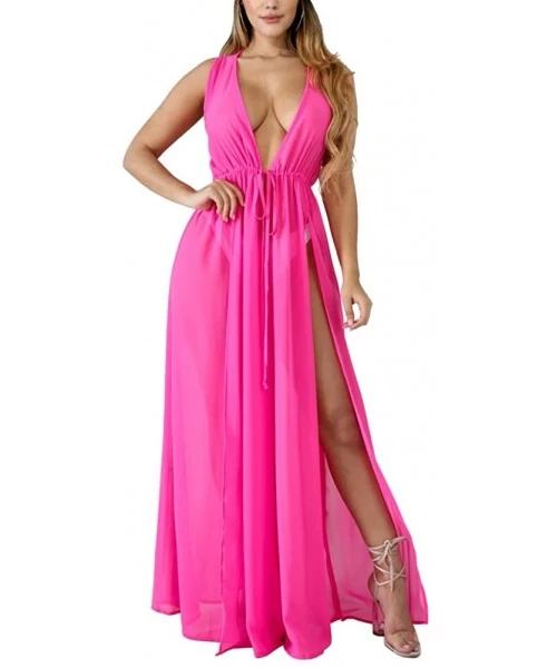 Cover-Ups Women's Sexy Sheer Mesh Cardigan Chiffon Swimsuit Cover Up High Slit Long Maxi Beach Dress - Rose Red - CJ18S4S5ZSC