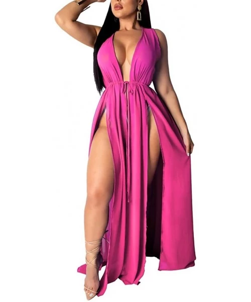 Cover-Ups Women's Sexy Sheer Mesh Cardigan Chiffon Swimsuit Cover Up High Slit Long Maxi Beach Dress - Rose Red - CJ18S4S5ZSC