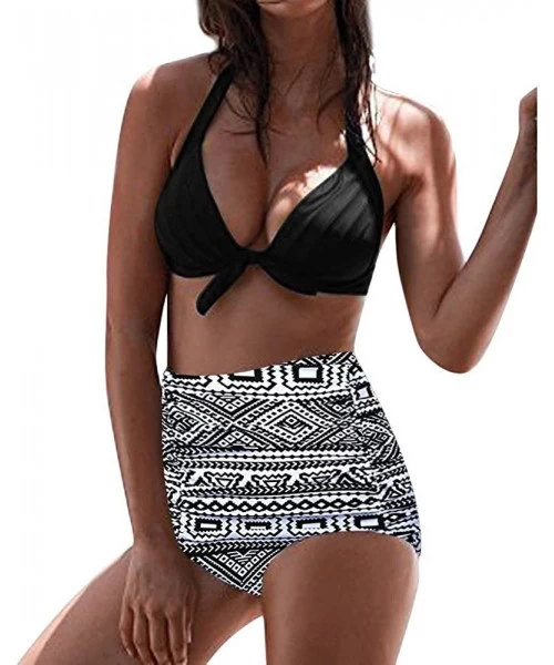 Tops Women's High Waist Bikini Swimwear Women's Vintage Print Beachwear Bikini Set Swimwear - B6-gray - CO196LYZ4Y8