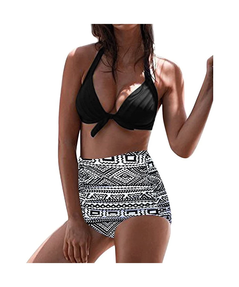 Tops Women's High Waist Bikini Swimwear Women's Vintage Print Beachwear Bikini Set Swimwear - B6-gray - CO196LYZ4Y8