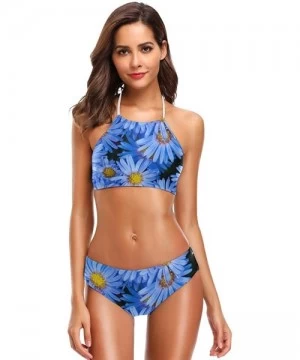 One-Pieces Women's Summer Beach Black White Cow Animal 2 Piece Halter Neack High Waist Padded Sexy Swimsuit - Blue Daisies - ...