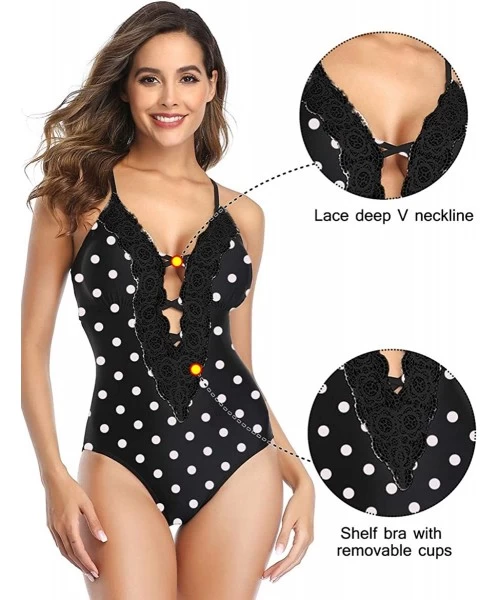 One-Pieces Women's Vintage Lace One Piece Swimsuits Halter Deep V Neck Sexy Swimwear Bathing Suit - Black Polka Dot - CE194KW...