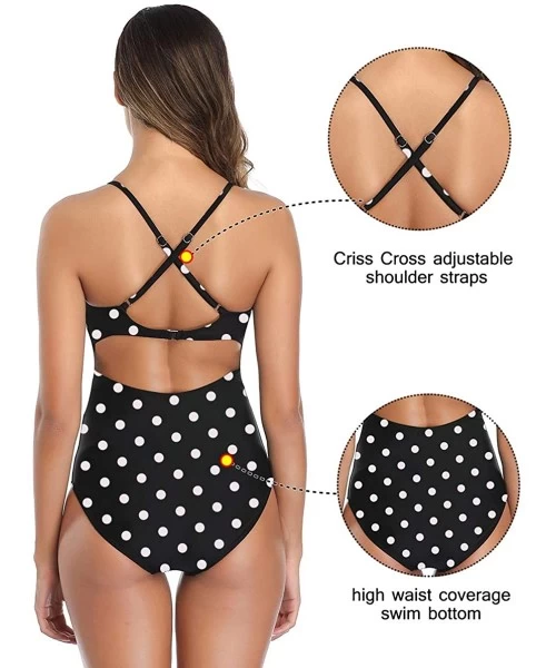 One-Pieces Women's Vintage Lace One Piece Swimsuits Halter Deep V Neck Sexy Swimwear Bathing Suit - Black Polka Dot - CE194KW...