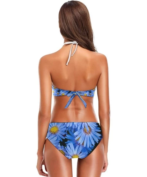 One-Pieces Women's Summer Beach Black White Cow Animal 2 Piece Halter Neack High Waist Padded Sexy Swimsuit - Blue Daisies - ...