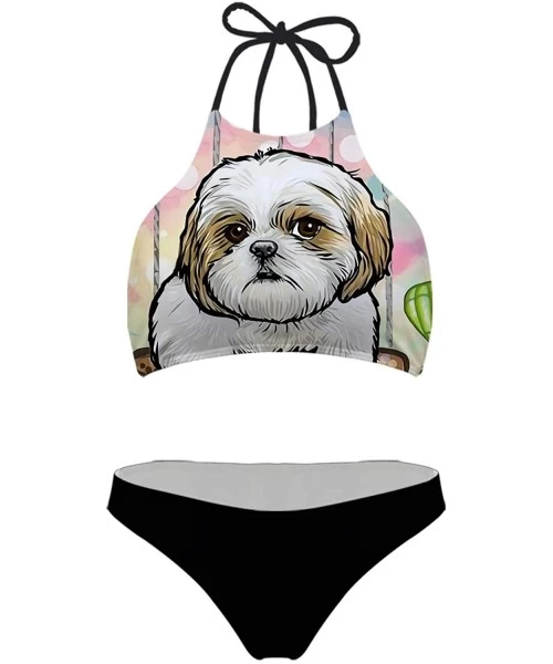 Sets Women Fashion Allover Printing High Neck Tie Bikinis Padded Swimsuit Cheeky Bottoms - Lowchen Dog - CN18R7O3WLN