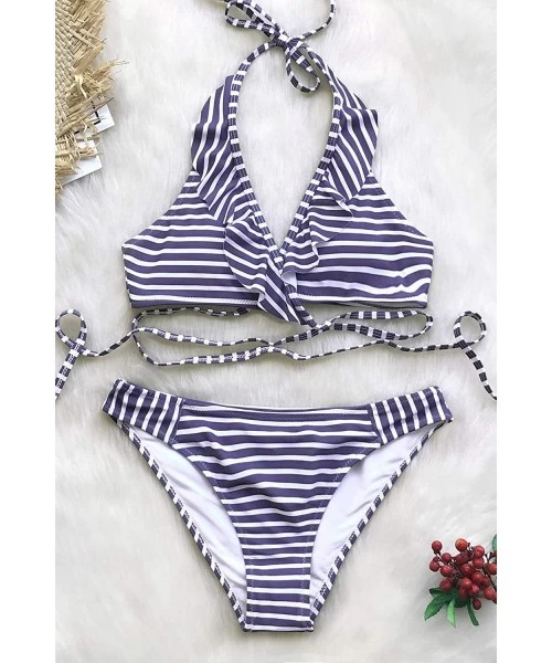 Sets Women's Falbala Cross Design Bikini Set Hawaii Sunrise Beach Swimwear - Purple/White - CI18K0A4MWT