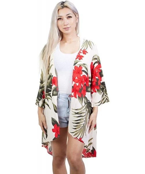 Cover-Ups Women's Tropical Hawaiian Floral Print Kimono Beach Coverup - Cream/Red - CQ18XOZN0UU