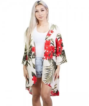 Cover-Ups Women's Tropical Hawaiian Floral Print Kimono Beach Coverup - Cream/Red - CQ18XOZN0UU