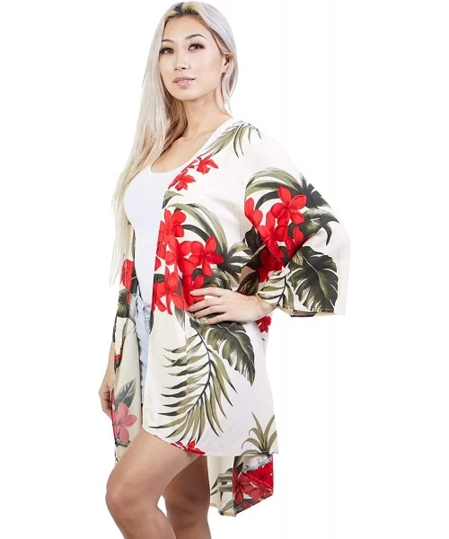 Cover-Ups Women's Tropical Hawaiian Floral Print Kimono Beach Coverup - Cream/Red - CQ18XOZN0UU