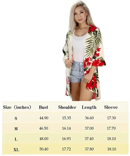 Cover-Ups Women's Tropical Hawaiian Floral Print Kimono Beach Coverup - Cream/Red - CQ18XOZN0UU