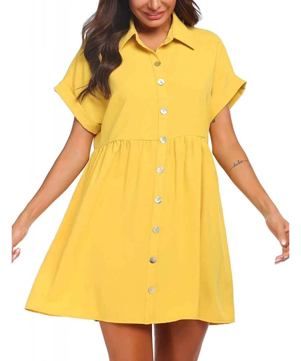 Cover-Ups Women's Summer Sweet & Cute Short Sleeve Button Down Loose Casual Dress S-XXL - Yellow - CM194OQNQ60