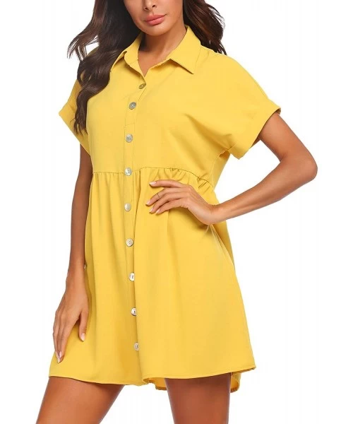 Cover-Ups Women's Summer Sweet & Cute Short Sleeve Button Down Loose Casual Dress S-XXL - Yellow - CM194OQNQ60