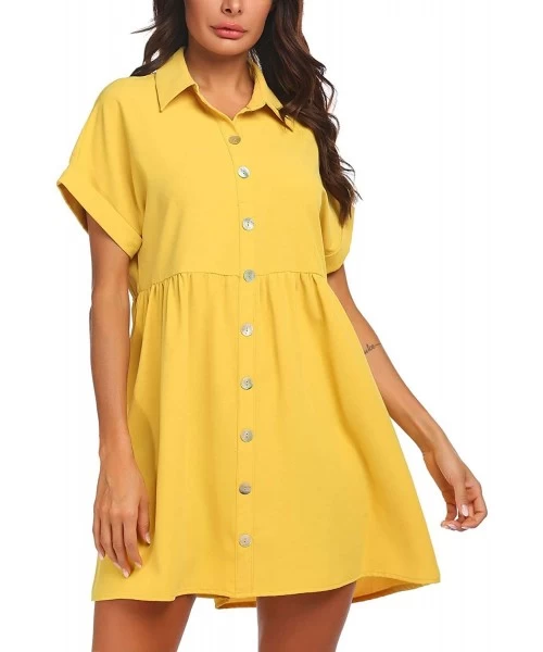 Cover-Ups Women's Summer Sweet & Cute Short Sleeve Button Down Loose Casual Dress S-XXL - Yellow - CM194OQNQ60