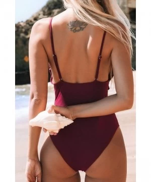 One-Pieces Women's Red Ruffled Adjustable Shoulder One Piece Swimsuit - Red - C418AIDEYIZ