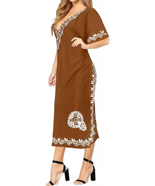 Cover-Ups Women's One Size Evening Kaftan Elegant Dress Swim Cover Up Embroidery - Brown_r127 - C712O665UK6