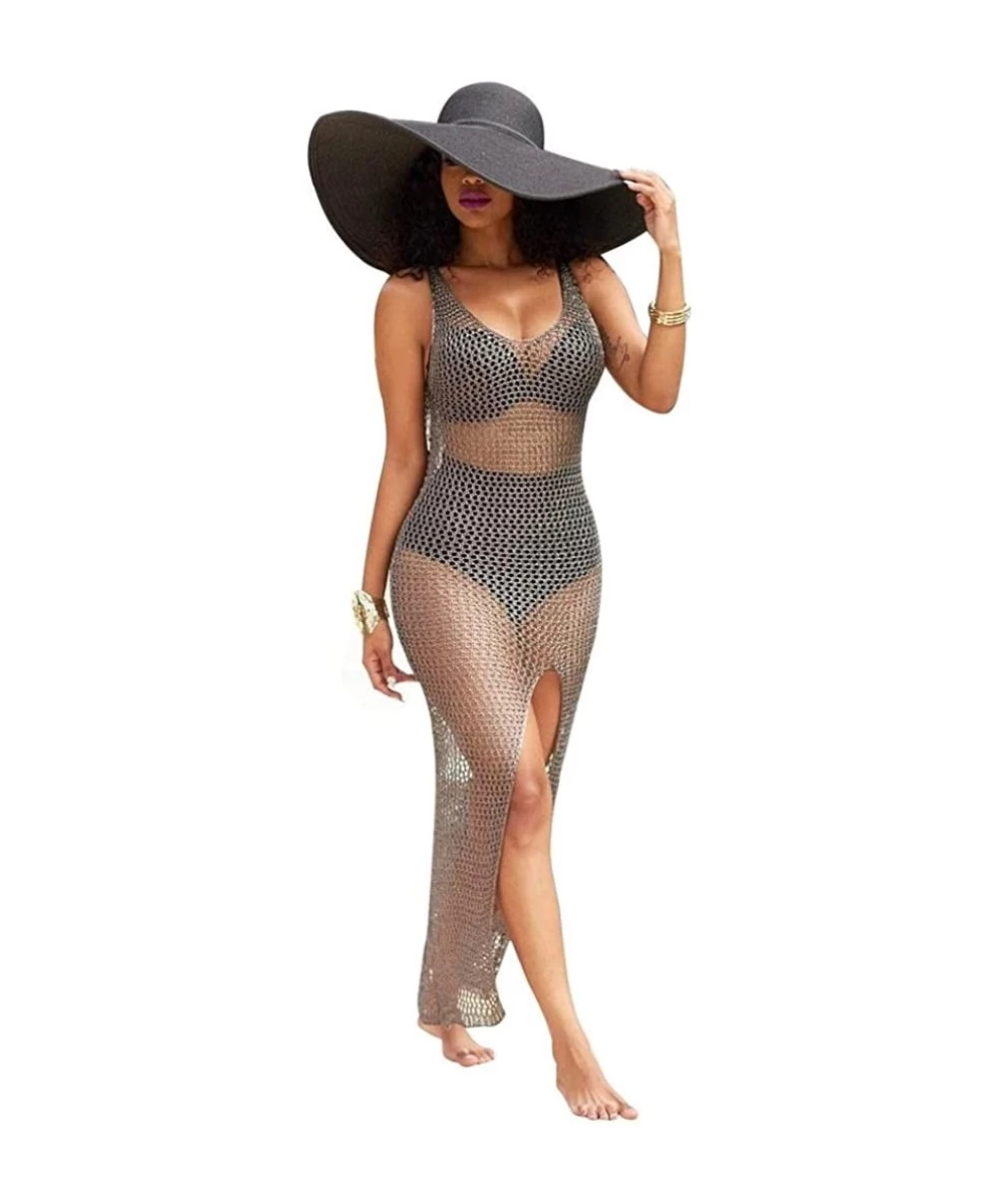 Cover-Ups Women Crochet Hollow Out Beach Bikini Cover Up Swimsuit Bathing Swimwear Dress - Khaki - C91822R5Y7S