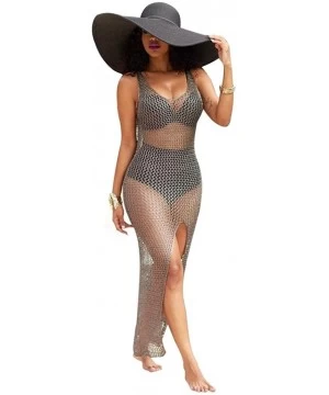 Cover-Ups Women Crochet Hollow Out Beach Bikini Cover Up Swimsuit Bathing Swimwear Dress - Khaki - C91822R5Y7S