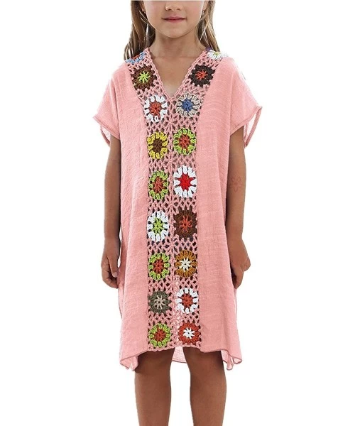 Cover-Ups Women Kids Girls Swimsuit Beach Cover-up Crochet V-Neck Swim Dress - Pink - CM196AWNZ6M