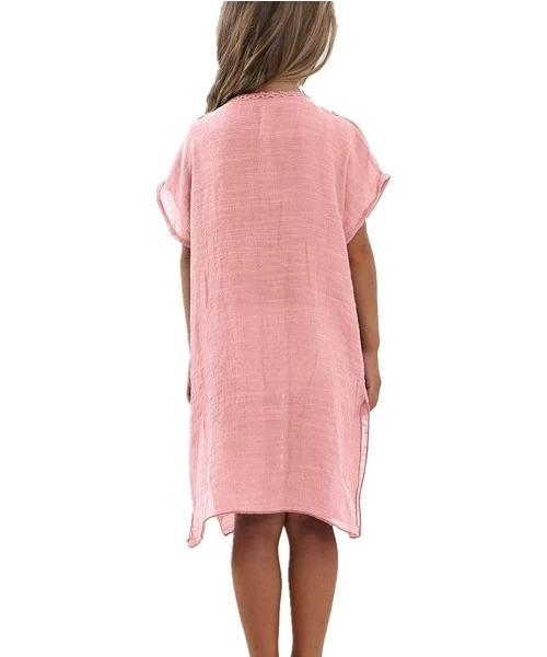 Cover-Ups Women Kids Girls Swimsuit Beach Cover-up Crochet V-Neck Swim Dress - Pink - CM196AWNZ6M