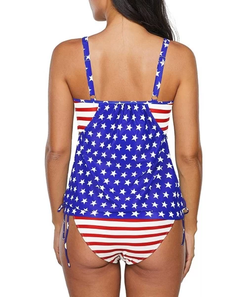 Racing Women's Two Piece Tankini Swimsuit Floral Tank Top Bikinis Padded Swimwear with Boyshorts - American Flag - CG198N2YDTC