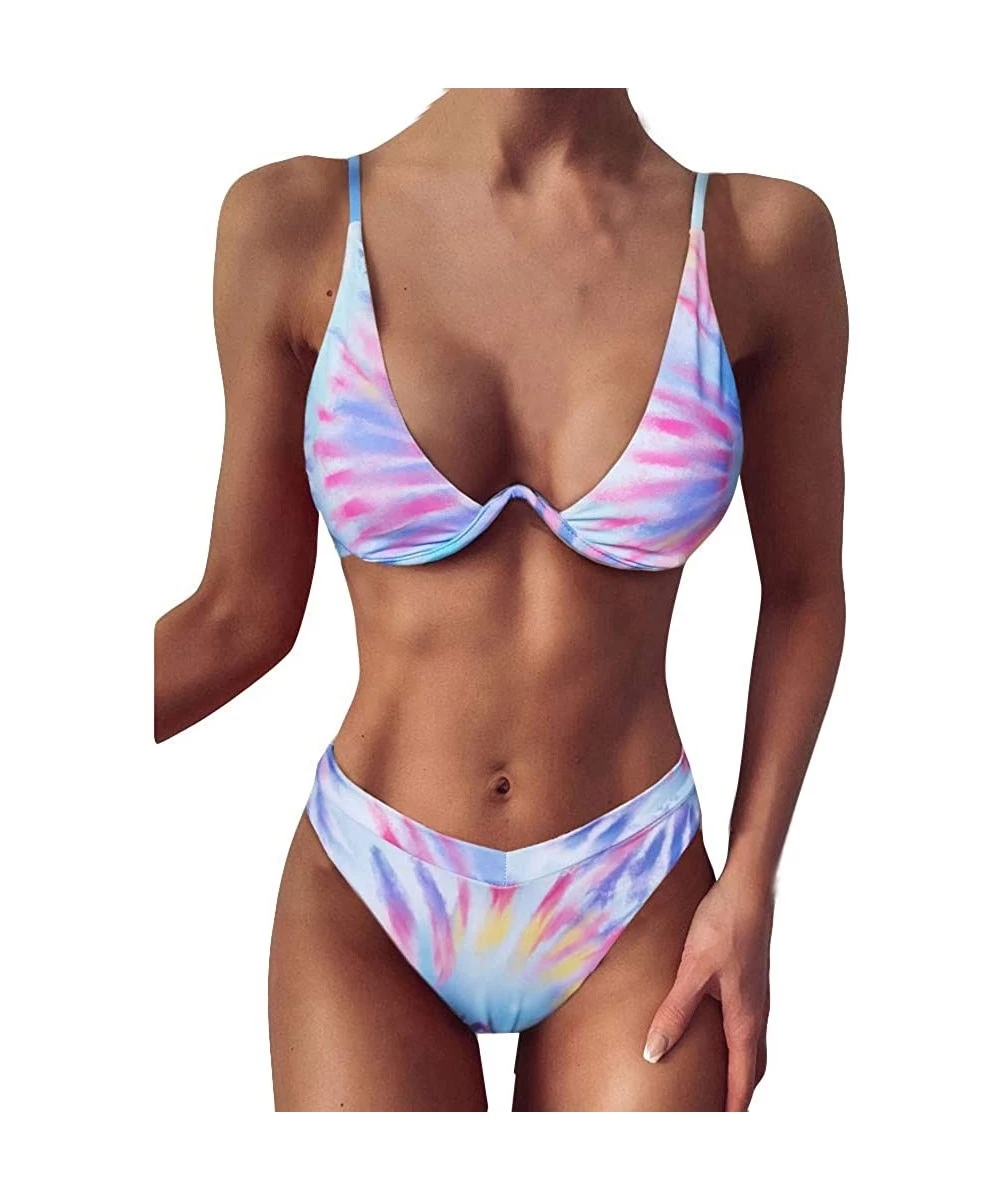 Sets Womens Push Up Padded Bikini Set Tie-dye Printed Wrap High Waisted Two Piece Swimsuits Swimwear - Hot Pink - CP190C4HZKD