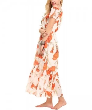 Cover-Ups Women's Ruffle Off Shoulder Bohemian Floral Print High Waist Maxi Beach Dress - Raw White Off White - CB184A6ZKHZ