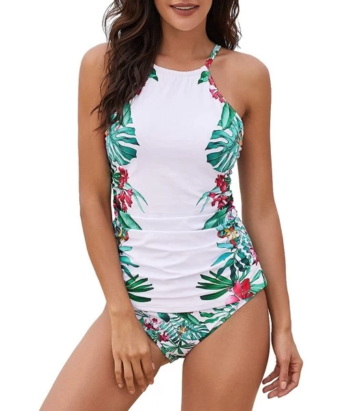 Tankinis Womens Banded Printed Tankini Top with Triangle Briefs Swimsuit - D-white - CT19644UQHN