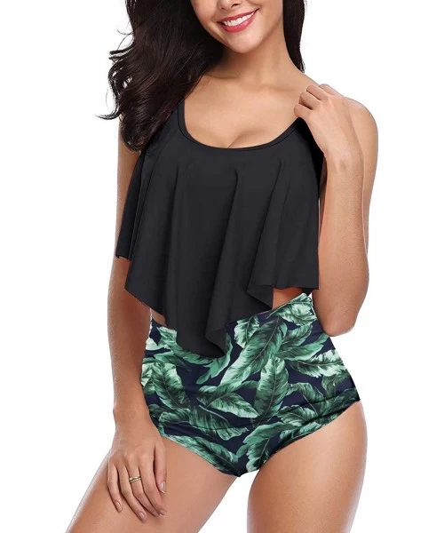 One-Pieces Womens High Waisted Swimsuit Ruffled Top Tummy Control Bathing Suits - A-black2 - CB18TE4KLE8