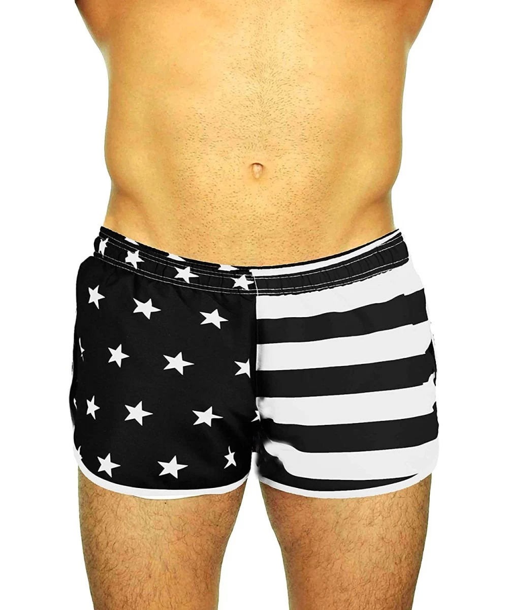 Trunks Men's Side Split Running Shorts American Flag Swimwear - Flag Black/White - CN11VXWSKH1