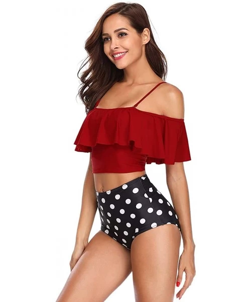 Sets Women Swimsuit for Women 2 Piece Ruffled Flounce V Neck Bathing Suit High Waisted Bikini Set S-XXL - Style 4 Red - CC18S...