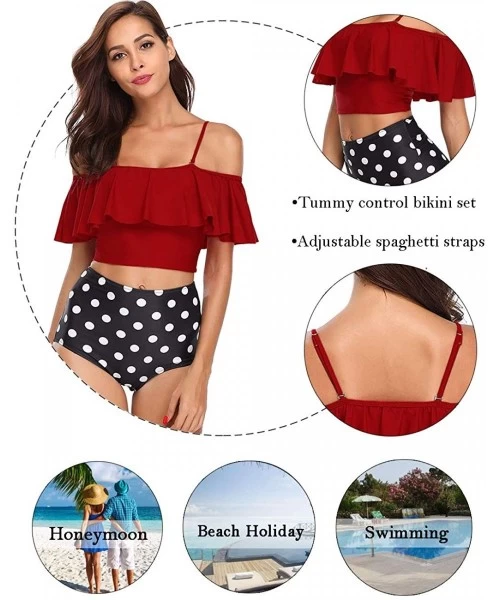 Sets Women Swimsuit for Women 2 Piece Ruffled Flounce V Neck Bathing Suit High Waisted Bikini Set S-XXL - Style 4 Red - CC18S...