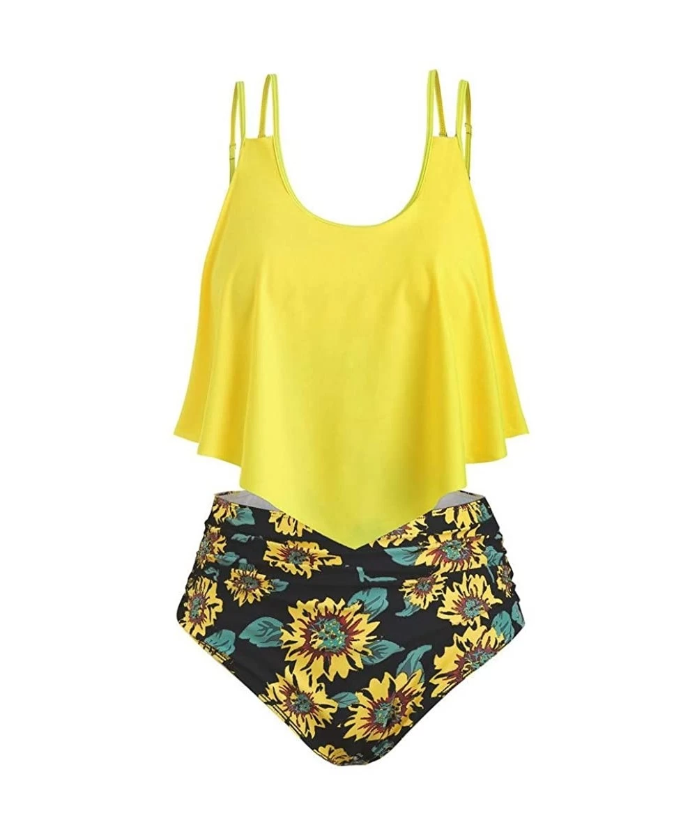 Sets Tankinis for Women Swimsuits Two Piece Plus Size Sexy Backless Halter Floral High Waisted Sunflower Print Swim Suits - D...