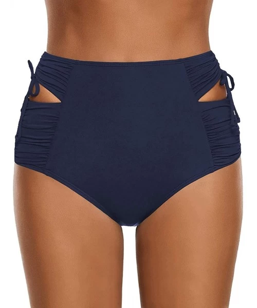 Bottoms Women's High Waisted Swim Bottom Ruched Bikini Tankini Swimsuit Briefs - H Dark Blue - C81963YAHSW