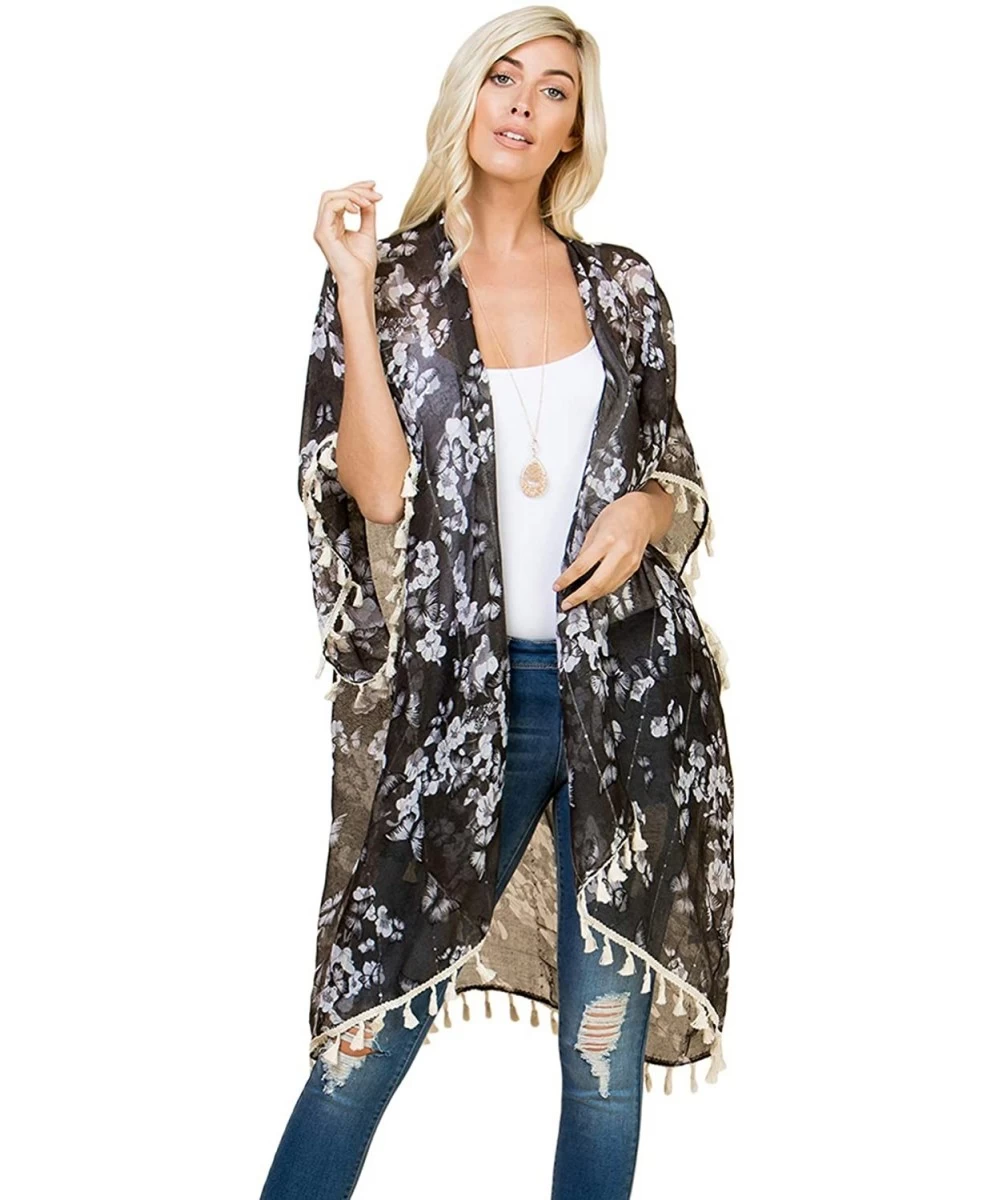 Cover-Ups Lightweight Sheer Open Shawl Cardigan - Kimono Kaftan Poncho- Versatile Beach Swim Cover-Up Vest Floral Tassel- Lea...